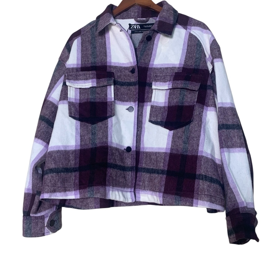 Zara Women's Purple Check Plaid Wool-Blend Overshirt Shacket Size Large - Picture 2 of 7
